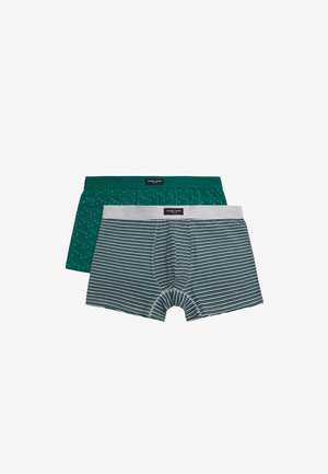 Dos pares de bóxers para hombre, uno verde con pequeños puntos blancos, el otro gris con rayas horizontales negras, blancas y verdes.