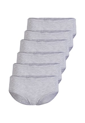 Six pairs of plain light gray women's cotton briefs stacked in a staggered arrangement on a white background.