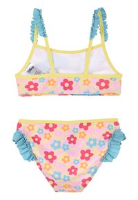 Two-piece swimsuit featuring a pink base with multicolored floral patterns. Ruffled blue accents on straps and trim. Smooth, stretchy fabric.