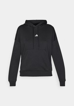 Black hooded sweatshirt with a front pocket, featuring a small white Adidas logo. Made of soft fabric, with ribbed cuffs and hem.