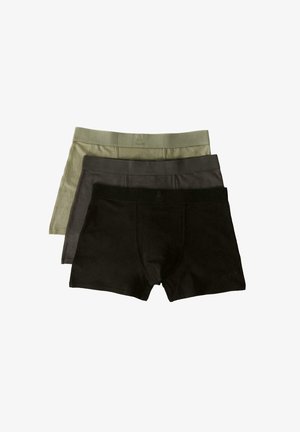 Trzy pary slipów typu boxerskiego w różnych odcieniach: oliwkowej zieleni, ciemnoszarej i czarnej. Wykonane z elastycznego materiału z szerokimi, elastycznymi pasami w talii.