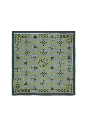 Square olive green scarf with repeating black and light blue floral patterns and "Marc O'Polo Denim" logo in the center.