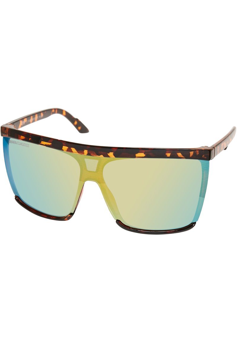 Lunettes de soleil avec une monture écaille de tortue, des verres dégradés bleu à vert, un design enveloppant et une forme angulaire et élégante.