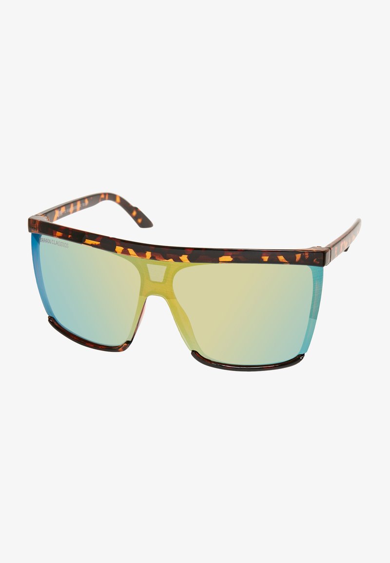 Kilpkonna murdeta raamiga prillid, sinisest roheliseks ülemineva gradatsiooniga läätsed, ümberpea disain ja stiilne, nurgeline kuju.