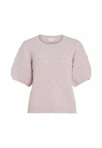 Suéter de punto rosa con detalles de borlas texturizadas, mangas cortas abullonadas y cuello y dobladillo acanalados.