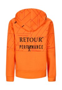 Felpa arancione con un motivo geometrico in rosso e nero. Sul davanti è stampato il testo "RETROUR PERFORMANCE" in modo prominente. Tessuto morbido, design con cappuccio.