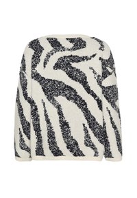 Pull crème avec motif zèbre noir, tricot texturé, encolure arrondie et coupe décontractée. Manches longues et détail de bord-côte.