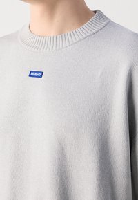Pull en maille gris clair avec col rond côtelé et petit logo écusson bleu portant l'inscription "HUGO" sur la poitrine, porté par une personne.