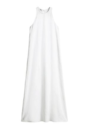 Ærmeløs lang hvid kjole med høj halsudskæring og subtil A-formet silhuet, der har en lille lynlås bagpå.