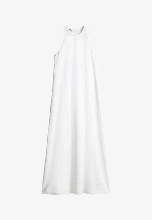 Ærmeløs lang hvid kjole med høj halsudskæring og subtil A-formet silhuet, der har en lille lynlås bagpå.