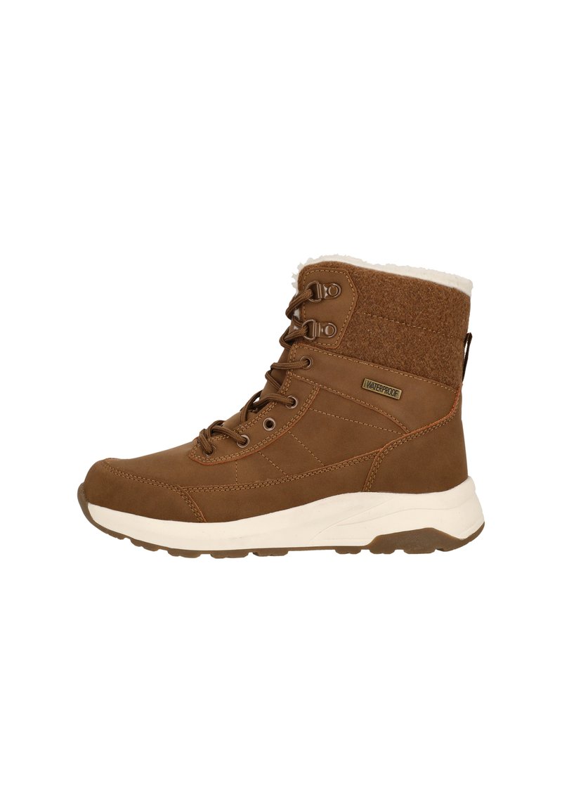 Bottes imperméables marron avec un dessus en suède et feutre, col en fausse fourrure blanche et semelle en caoutchouc avec une texture antidérapante. Design à lacets, hauteur intermédiaire.