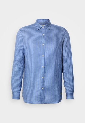 Langärmeliges Hemd mit blauen Streifen aus leichtem Stoff, das einen Kentkragen und weiße vertikale Streifen aufweist.