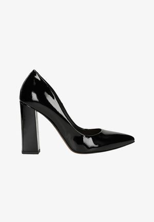 Black patent leather high heel pump with a pointed toe and a squared block heel. Smooth, shiny texture with a minimalist design.
