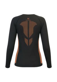 Langärmliges schwarzes Sportshirt mit orangefarbenem geometrischem Muster auf dem Rücken und seitlichen Akzenten. Hergestellt aus dehnbarem, strukturiertem Material.