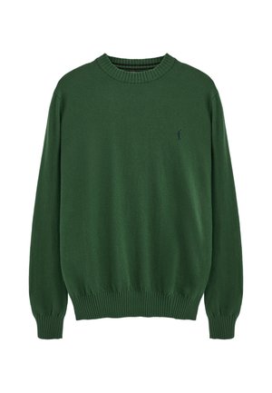 Jersey de punto verde oscuro de manga larga con puños, bajo y cuello de canalé, con un pequeño logo oscuro en el pecho izquierdo.