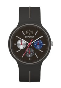 Round watch with a black rubber strap, featuring a black dial, silver and blue subdials, red and silver hands, and a logo at the top.