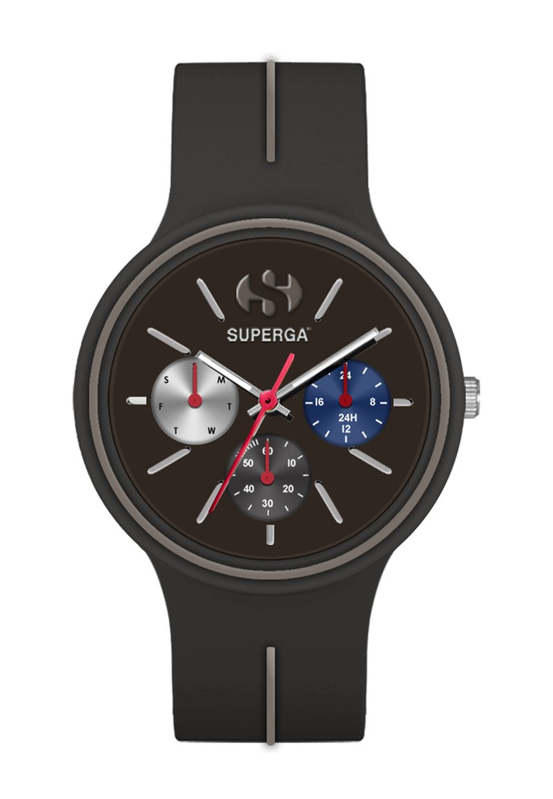 Round watch with a black rubber strap, featuring a black dial, silver and blue subdials, red and silver hands, and a logo at the top.