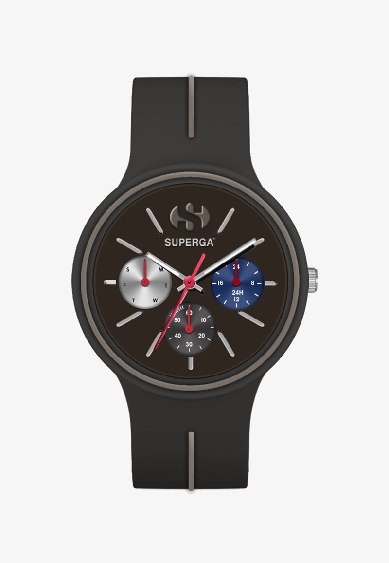 Orologio rotondo con cinturino in gomma nera, che presenta un quadrante nero, sub-dial argentati e blu, lancette rosse e argentate, e un logo nella parte superiore.