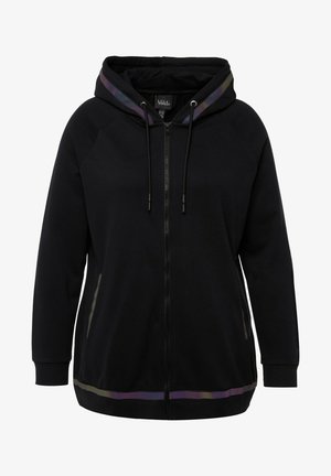 Black hoodie with a front zipper, drawstring hood, and multicolored accent stripes along the shoulders and lower hem. Soft fabric texture.