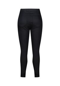 Zwarte high-waist skinny jeans met twee achterzakken, riemlussen en een aansluitende silhouet, getoond vanuit de achterkant.