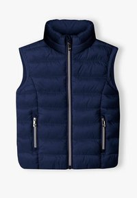 Dunkelblauer Steppwesten mit hohem Kragen, zwei seitlichen Reißverschlusstaschen, gestepptem Design und glatter Außenfläche. Silberne Reißverschlüsse als auffälliges Detail.