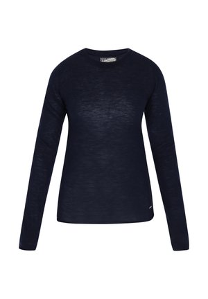 Mornarska majica dugih rukava od lagane tkanine s klasičnim okruglim izrezom. Ima suptilnu teksturu i malu oznaku branda sa strane.