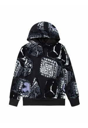 Felpa nera con cappuccio caratterizzata da un motivo grafico di forme a diamante argentate e grigie, comprese le logo sportive. Realizzata in tessuto morbido e dotata di tasca a marsupio.