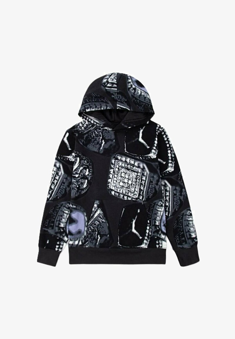 Felpa nera con cappuccio caratterizzata da un motivo grafico di forme a diamante argentate e grigie, comprese le logo sportive. Realizzata in tessuto morbido e dotata di tasca a marsupio.