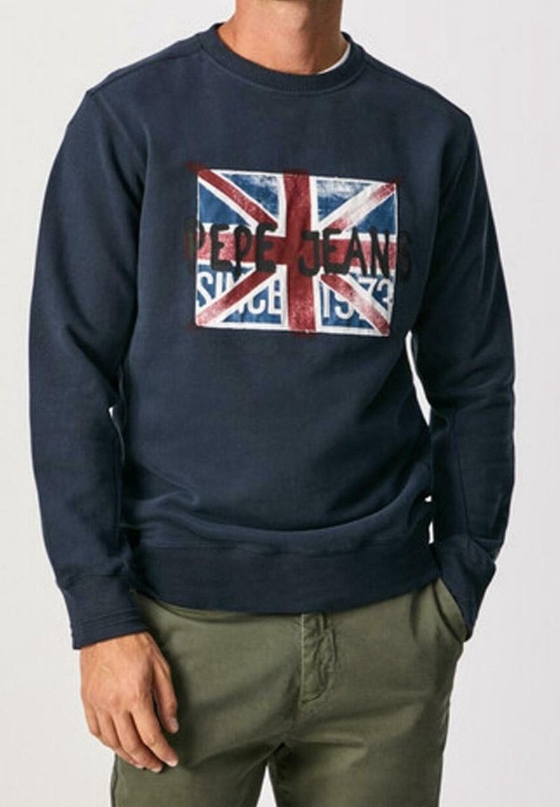 Námořnická modrá mikina vyrobená z měkké látky, zdobená opotřebovaným designem Unie Jack a tučným černým nápisem "PEPE JEANS SINCE 1973".
