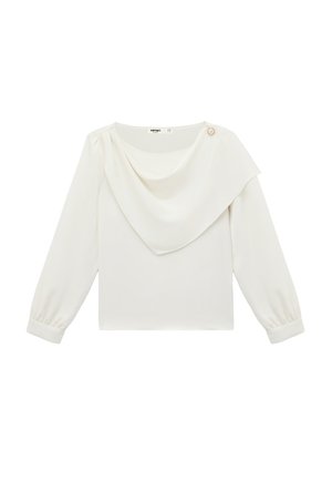 Hvid bluse med langærmer, draperet frontdetalje og knap ved halsudskæringen samt manchetærmer.