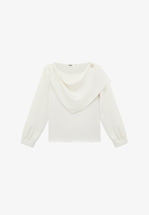 Blouse blanche à manches longues avec détail drapé à l'avant et accent bouton près de l'encolure, avec manches à poignets.