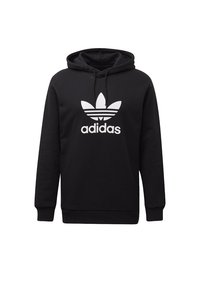 Sudadera negra de mezcla de algodón con un bolsillo frontal y puños acanalados. Presenta un gran logo blanco de Adidas y un diseño de hoja con tres rayas.