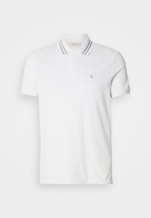 Witte polo shirt van katoen, met een twee-knopen placket, grijs gestreepte kraag en een klein geborduurd logo op de linkerborst.