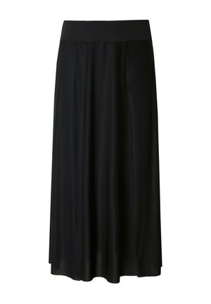 Zwarte midirok met brede tailleband en zachte plooien, vloeiende stof, ontworpen voor een relaxte pasvorm.