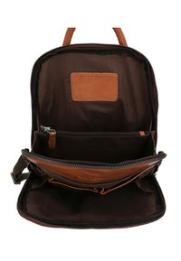 Brown fabric backpack with leather accents, zippered compartments, and inner pockets for organization. Lined interior in darker shade.