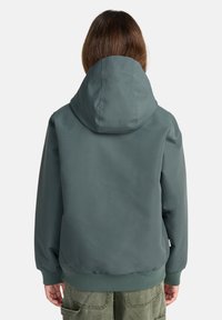 Felpa con cappuccio di un verde attenuato, con una texture liscia, polsini e vita a coste. Design semplice senza loghi visibili.