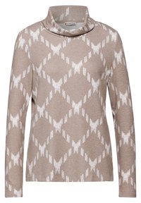 Beige dlouhý rukáv rolák s bílým geometrickým vzorem. Měkká látka s volným střihem a širokým límcem. Hladké švy a žádné viditelné zapínání.