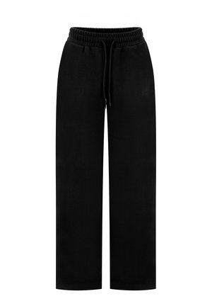 Zwarte sweatpants met brede pijpen, elastische tailleband en trekkoord, ontworpen voor casual gebruik.