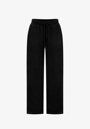 Zwarte sweatpants met brede pijpen, elastische tailleband en trekkoord, ontworpen voor casual gebruik.