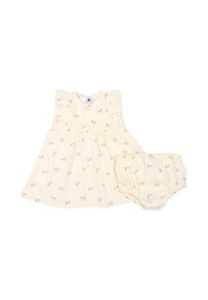 Robe bébé couleur crème avec petites impressions de fleurs roses, manches à volants, boutons sur le devant et bloomer assorti.
