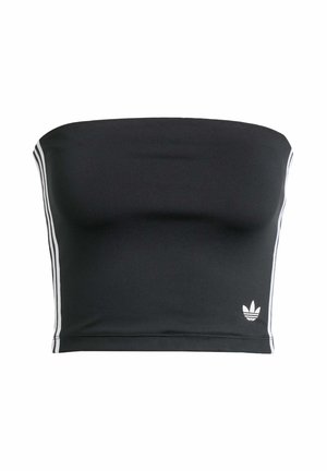 Black strapless crop top made of stretchy material, featuring white three-stripe accents on the sides and a small white logo on the left bottom.