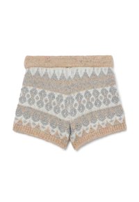 Pantalones cortos de punto con una cinturilla doblada, con un patrón en tonos gris, blanco y beige, que incluye diseños geométricos y florales.