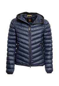 Giubbotto imbottito blu navy con chiusura frontale a zip, cappuccio, design trapuntato a rombi e polsini elastici. Presenta tasche laterali e una toppa con logo.