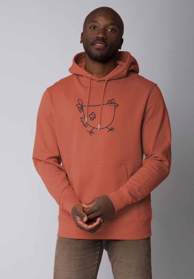 Roestkleurige hoodie van een katoenmix, met een zwart kippen grafiek aan de voorkant, verstelbare koordjes en een kangoeroezak.