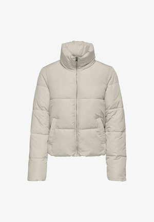 Helehall puffer-jakk, lühike, kõrge kaelusega, horisontaalse tikandimustriga, esise paigaldatud lukuga ning küljetaskutega.