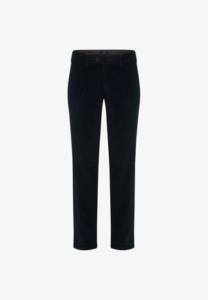 Navy corduroy broek met een rechte pasvorm, voorzakken en een knoopsluiting. Zachte textuur met verticale ribbelstructuur.