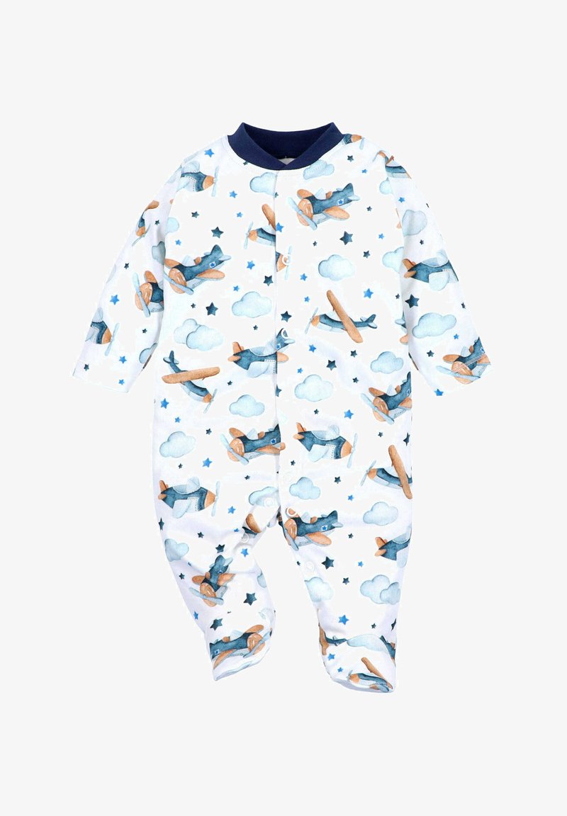 Body a manica lunga realizzato in morbido cotone, con uno sfondo bianco decorato da motivi di aerei blu e arancioni, nuvole e stelle. Colletto blu navy.