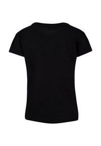 Schwarzes T-Shirt mit kurzen Ärmeln und Rundhalsausschnitt. Aus weichem Stoff gefertigt, hat es eine glatte Textur und einen leicht abgerundeten Saum am unteren Ende.