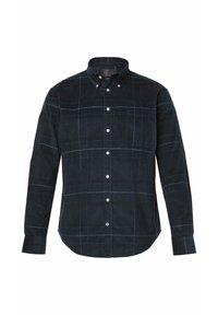 Camisa de pana de color azul marino oscuro con cuello abotonado, patrón de cuadros blancos, mangas largas y un bolsillo en el pecho. Presenta cierres de botones.