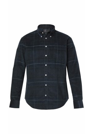 Donkerblauwe corduroy shirt met button-down kraag, wit ruitpatroon, lange mouwen en een borstzak. Heeft knoopsluitingen.